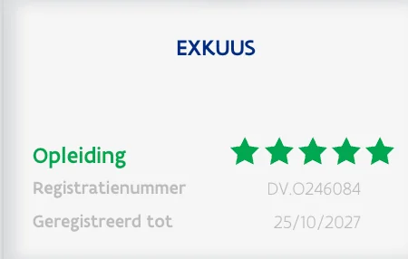 EXKUUS opleiding, 5/5 op KMO-portefeuille, geregistreerd onder DV.O246084 tot 25/10/2027