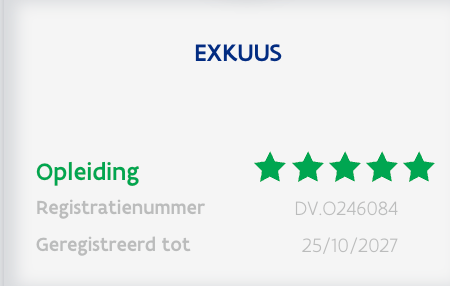 EXKUUS opleiding, 5/5 op KMO-portefeuille, geregistreerd onder DV.O246084 tot 25/10/2027